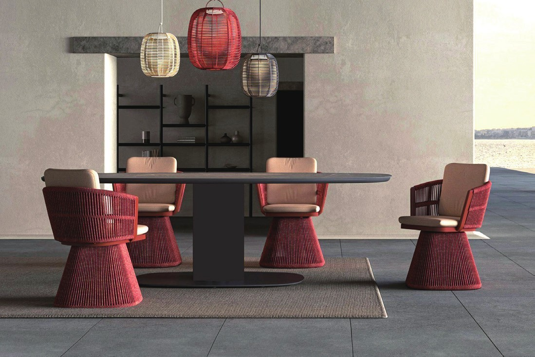 Lotus Pillar Dining Table with Jumbo Dining Chairs. 