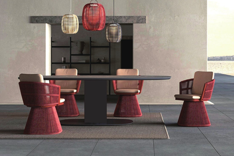 Lotus Pillar Dining Table with Jumbo Dining Chairs. 